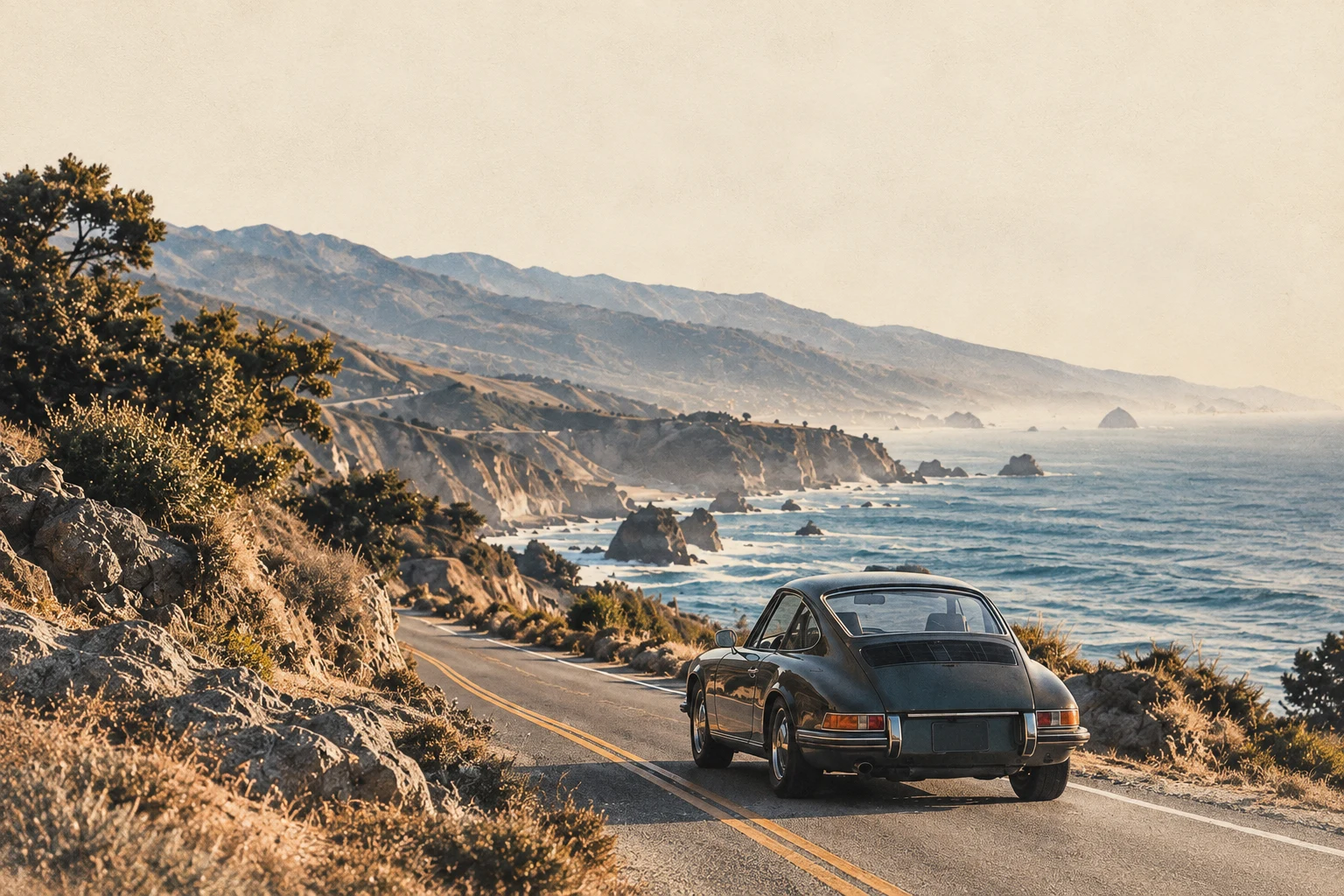 Illustrated cover: a dark classic sports car on a winding coastal road, mountains to the left and the Pacific to the right.